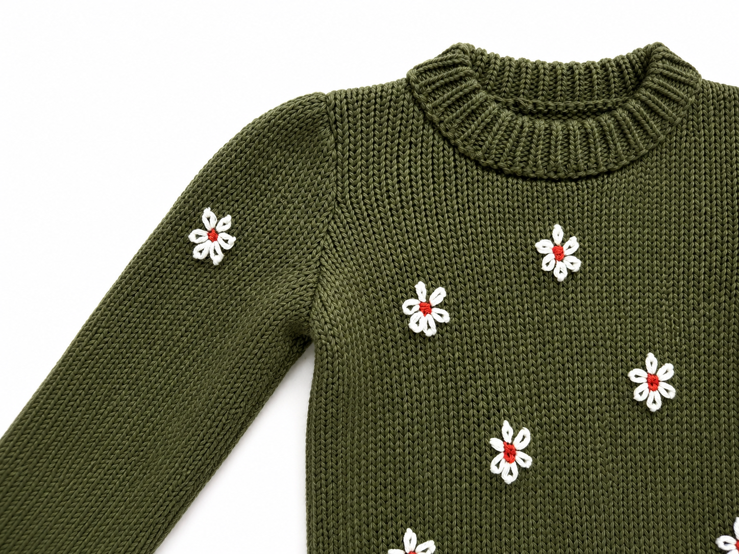 Saco Tejido Olivia Verde Oliva con Flores Bordadas | Algodón para Niñas | La Tutu