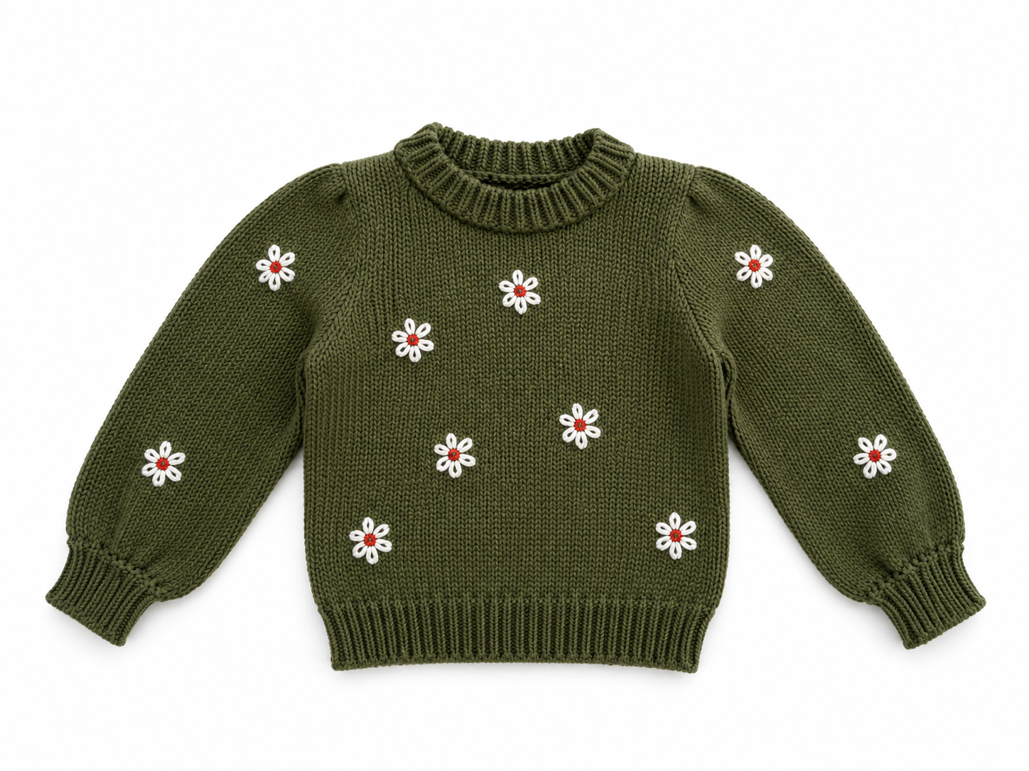 Saco Tejido Olivia Verde Oliva con Flores Bordadas | Algodón para Niñas | La Tutu
