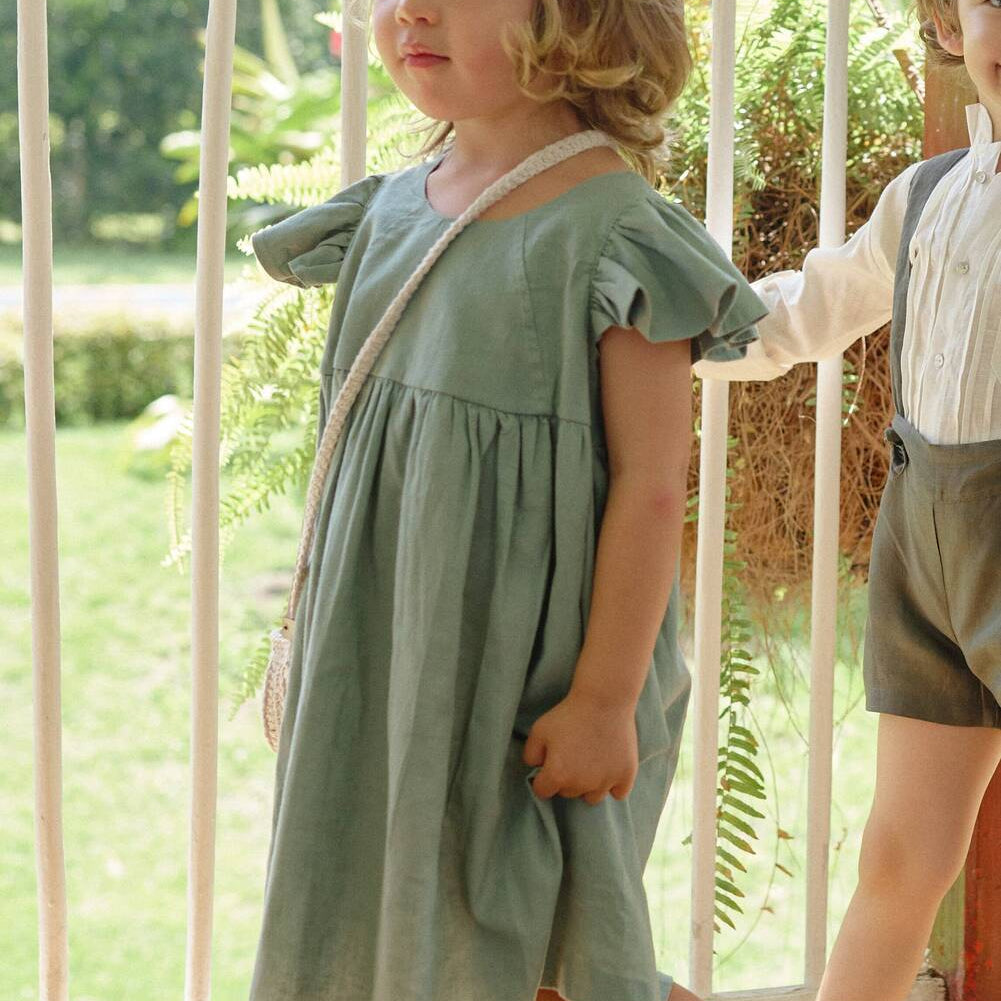 Vestido Toya Verde Menta en Lino 100% para Niña | La Tutu