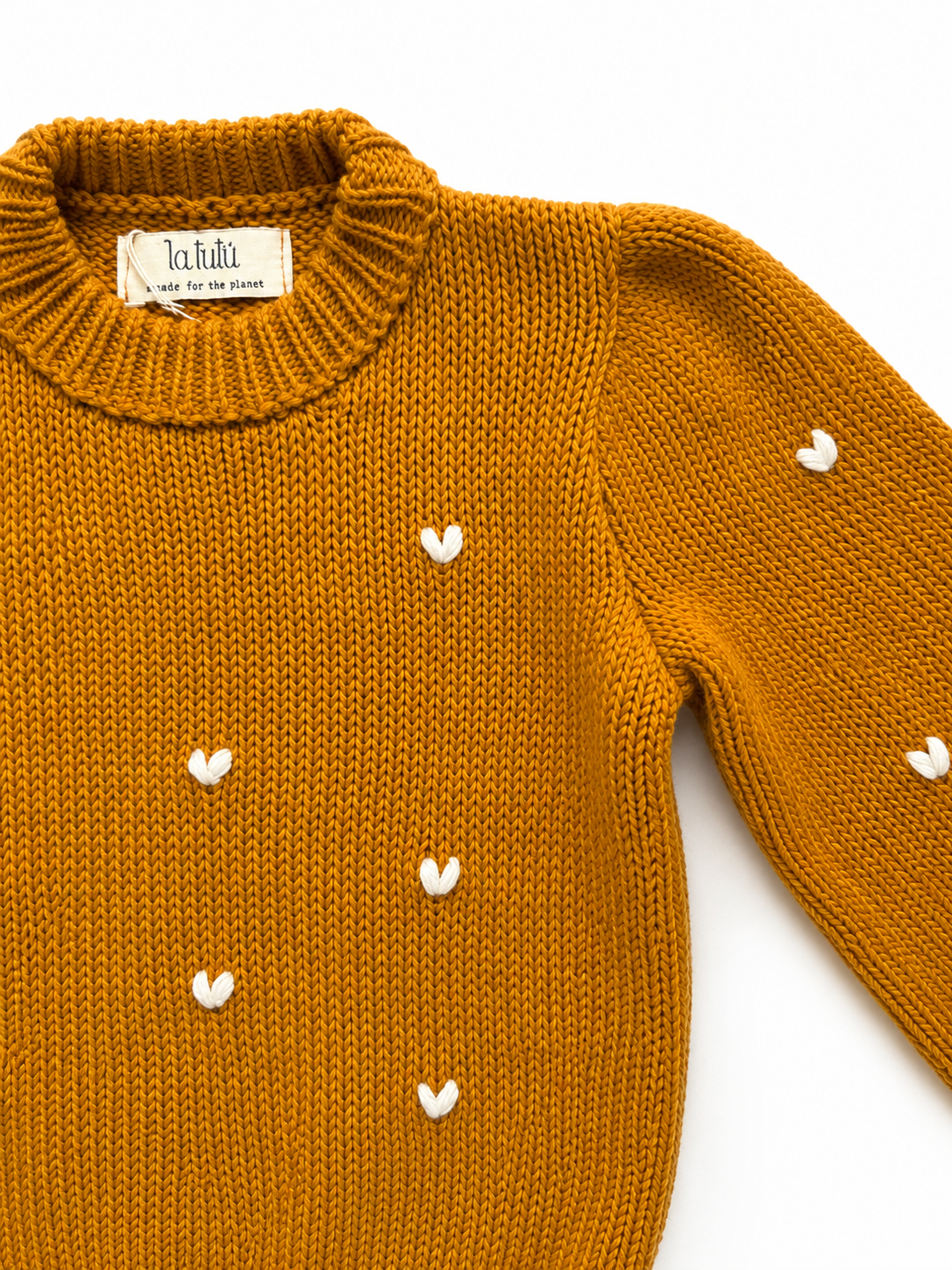 Saco Tejido Mustard de Corazones bordados para Niña | Algodón Natural | La Tutú