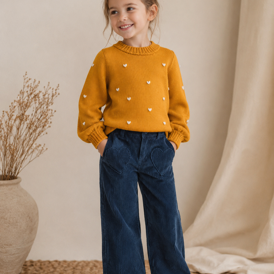 Saco Tejido Mustard de Corazones bordados para Niña | Algodón Natural | La Tutú