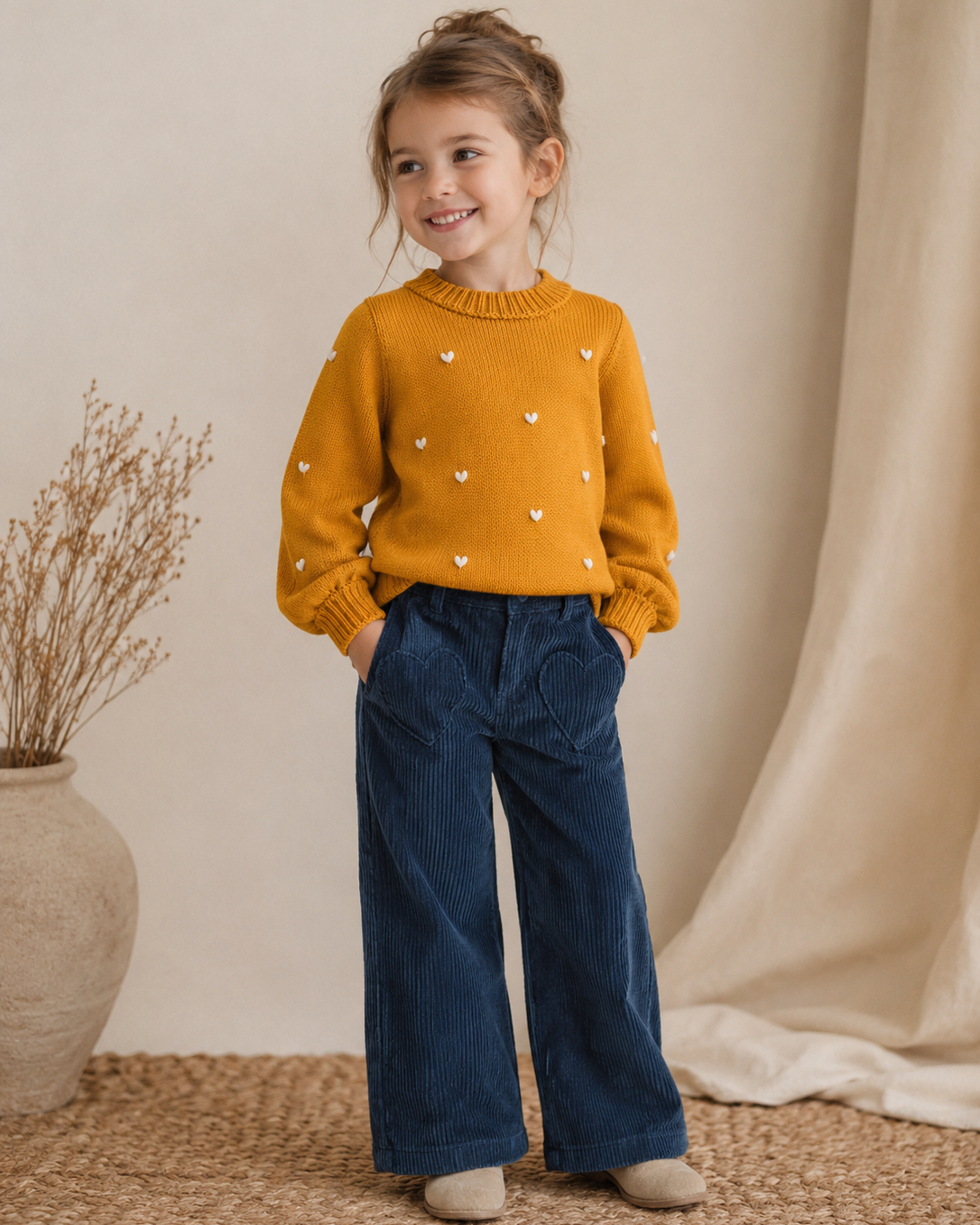 Saco Tejido Mustard de Corazones bordados para Niña | Algodón Natural | La Tutú