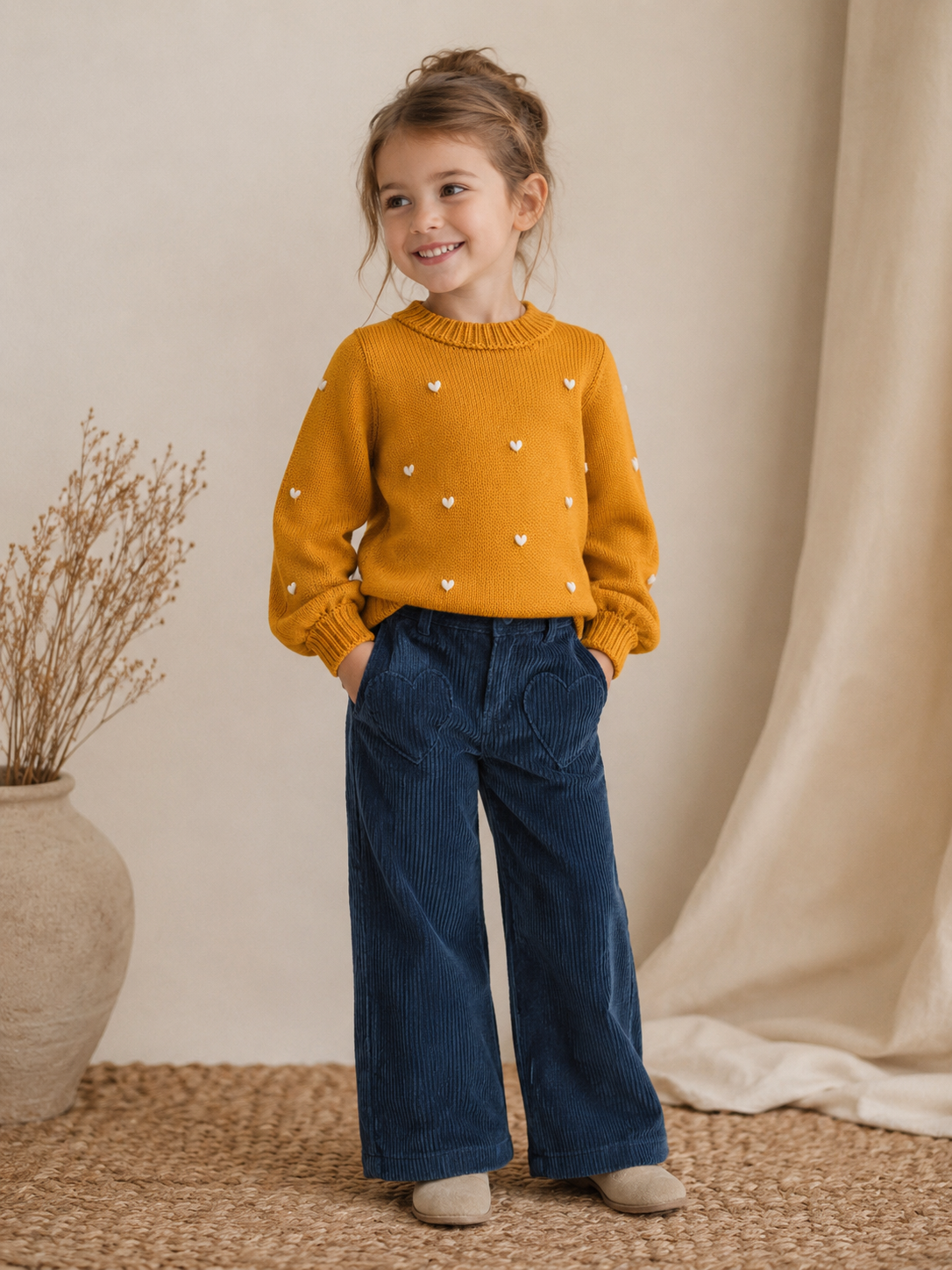 Saco Tejido Mustard de Corazones bordados para Niña | Algodón Natural | La Tutú