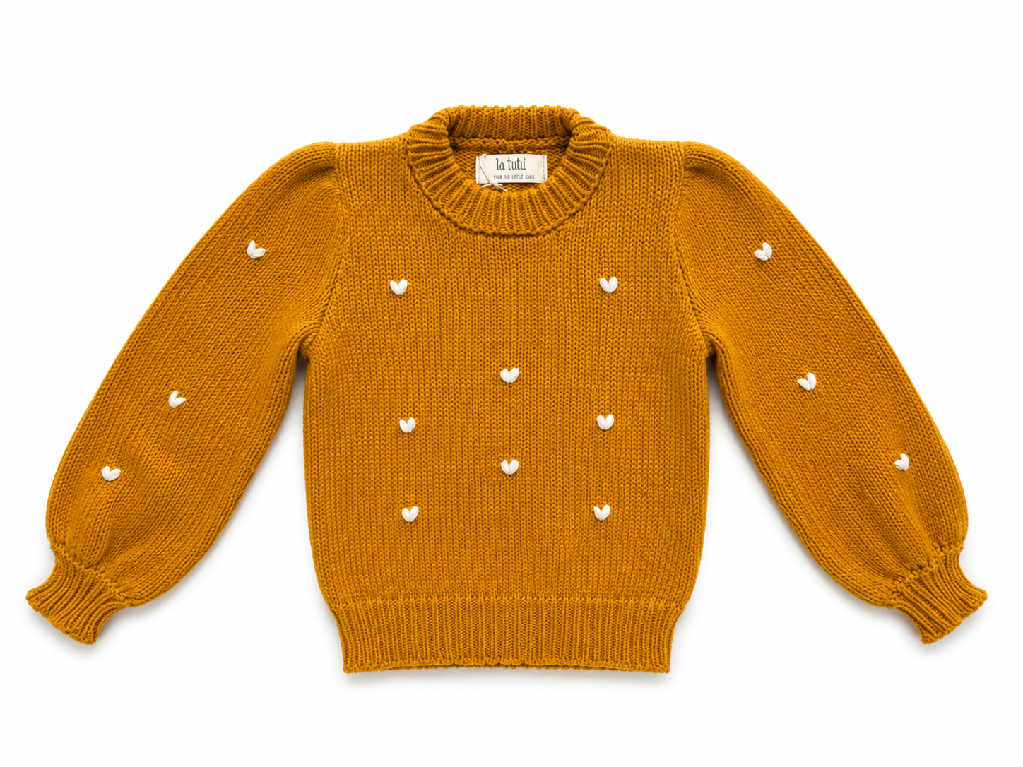 Saco Tejido Mustard de Corazones bordados para Niña | Algodón Natural | La Tutú