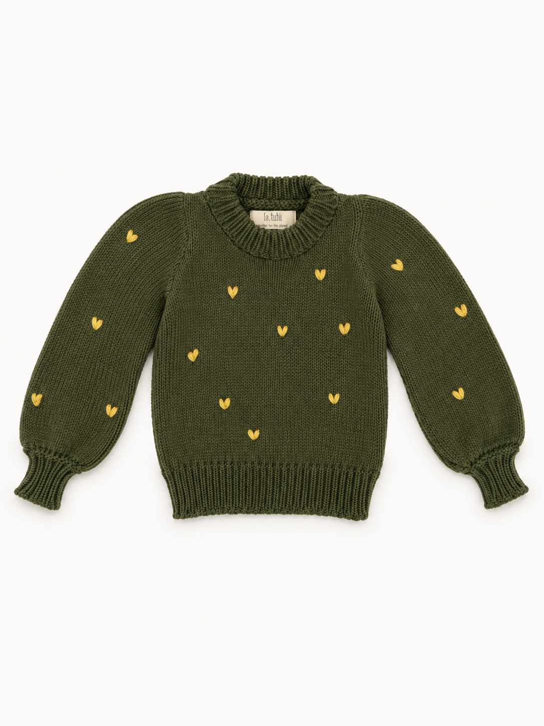 Saco tejido verde oliva con corazones bordados para niña | 100% algodón | La Tutu