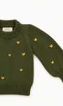 detalle saco Tejido verde hearted para niña en algodón con corazones bordados a mano de La Tutu.