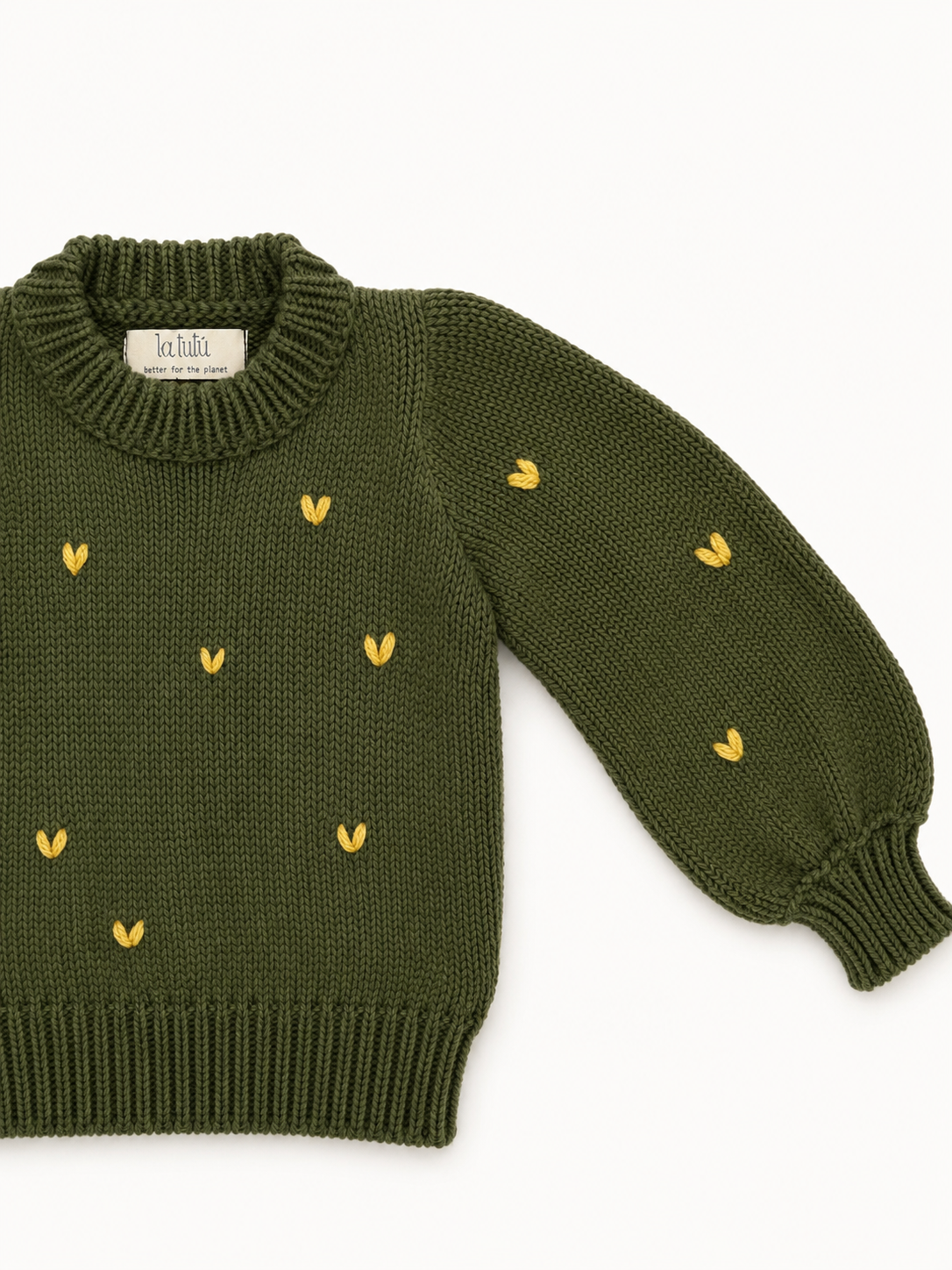 Saco tejido verde oliva con corazones bordados para niña | 100% algodón | La Tutu